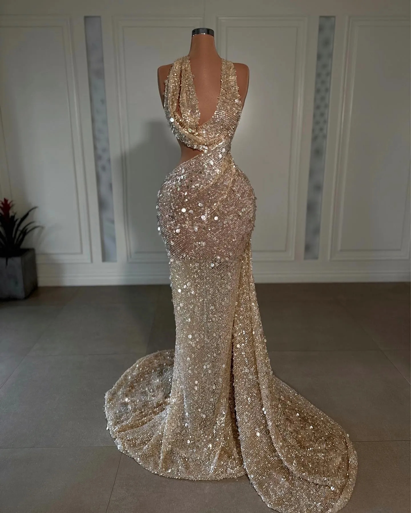 Sequins Sexy Gold Mermaid Prom Party Dresses Cutway Waist Formal Evening Pageant Gowns Robe De Soiree