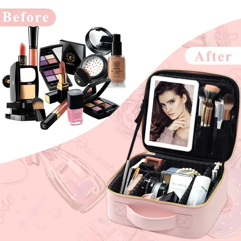 LED Makeup Bag Travel Case With Large Lighted Mirror Partitionable Cosmetic Bag Professional Cosmetic Artist Organizer, Waterproof Portable, Accessori