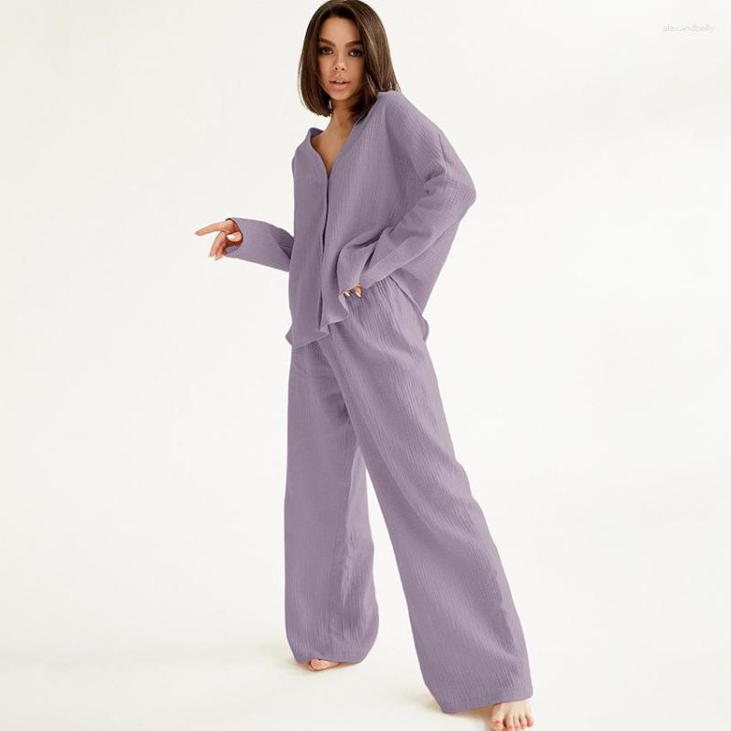 Women's Sleepwear Pajamas Set Loose And Comfortable Long Sleeved Cardigan Top Pants 2PCS Cotton Casual Home Wear Loungewear