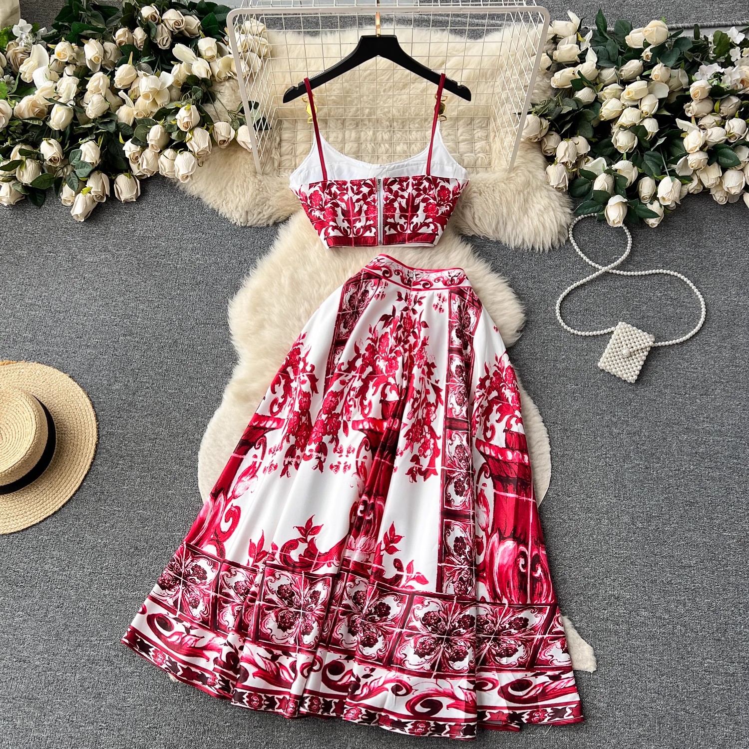 New Summer Beach Boho Holiday Vacation Women Two Piece Dress Sets Sexy Strapless Fashion Dots Print Short Chiffon Shirt And High Waist Mermaid Long Sk