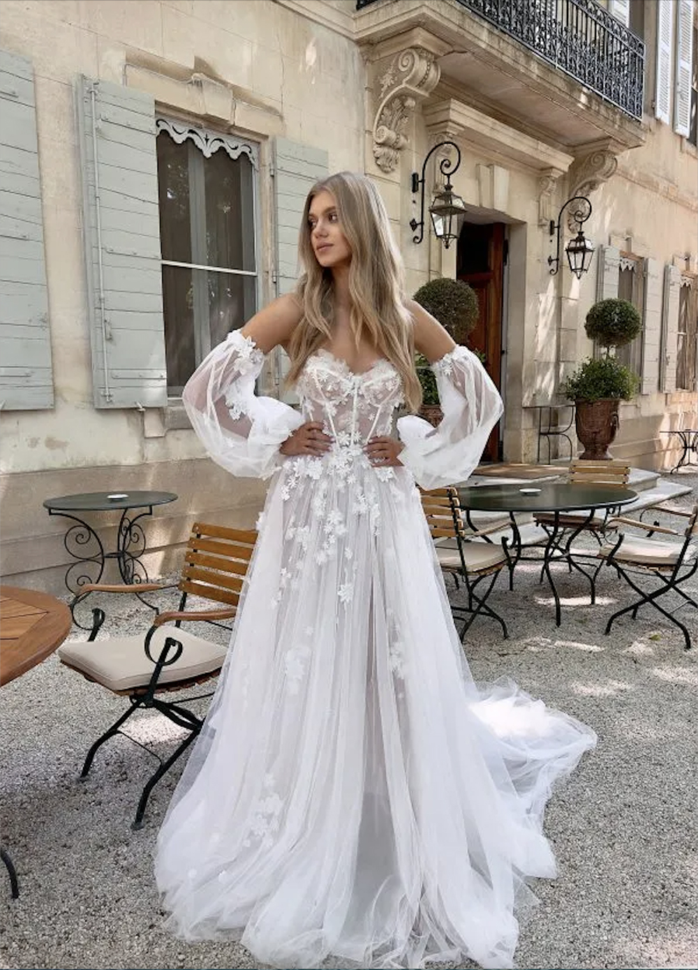 Boho A line Wedding Dresses Appliques Puffy Sleeve Tulle designer wedding bridal gowns