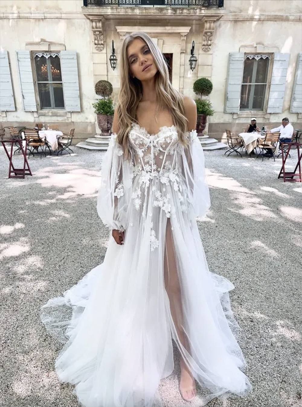 Boho A line Wedding Dresses Appliques Puffy Sleeve Tulle designer wedding bridal gowns