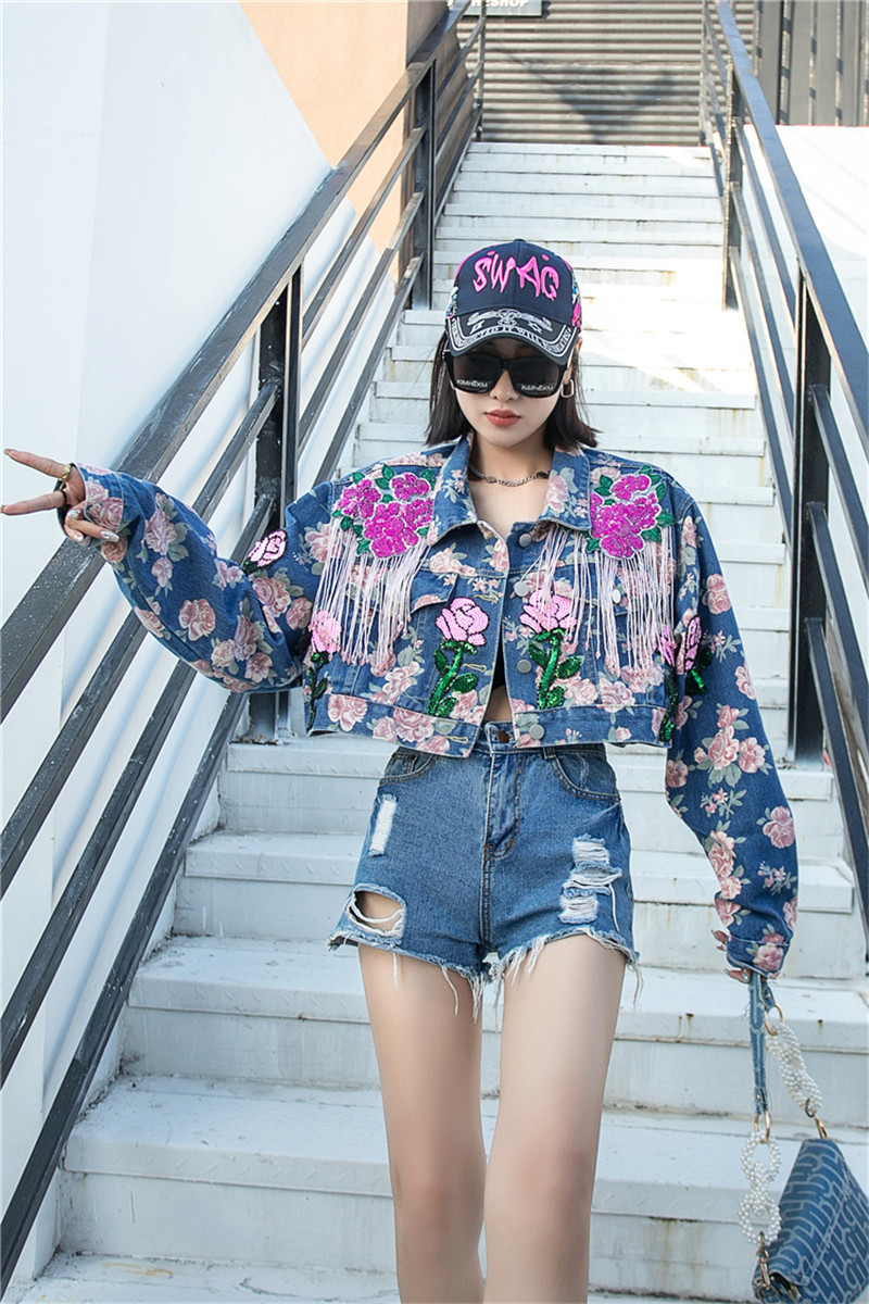Women's Outerwear Autumn Harajuku Sequined Flower Print Chain Tassel Women Short Denim Outwear Frayed Hole Lapel Long Sleeve Casual Jeans Jacket 