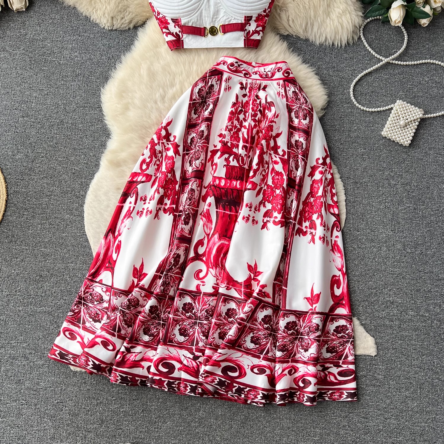 New Summer Beach Boho Holiday Vacation Women Two Piece Dress Sets Sexy Strapless Fashion Dots Print Short Chiffon Shirt And High Waist Mermaid Long Sk