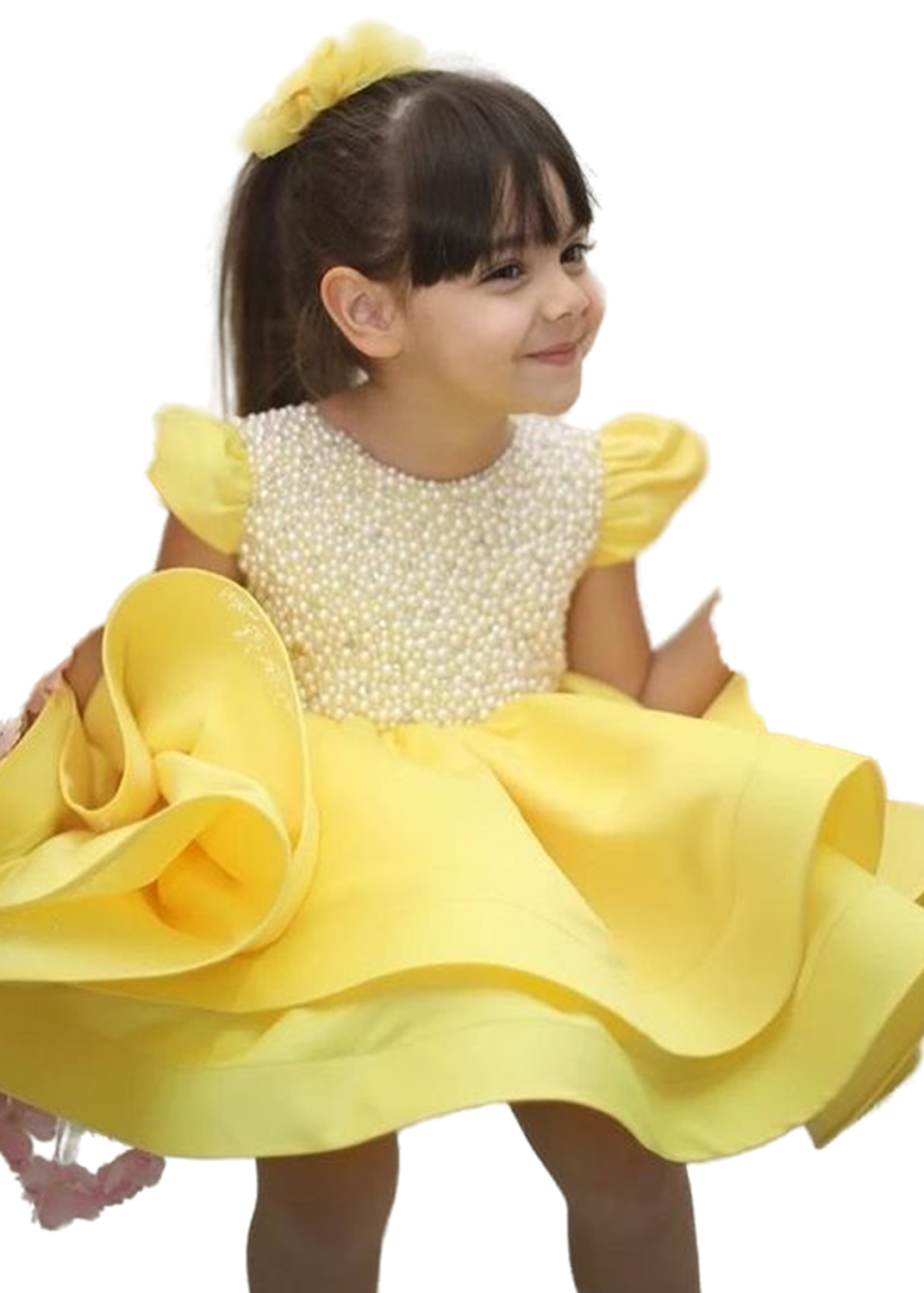 Flower Yellow Pearls Dresses Ball Gown Short Satin Tiers Vintage Little Girl Peageant Dress Gowns ZJ s
