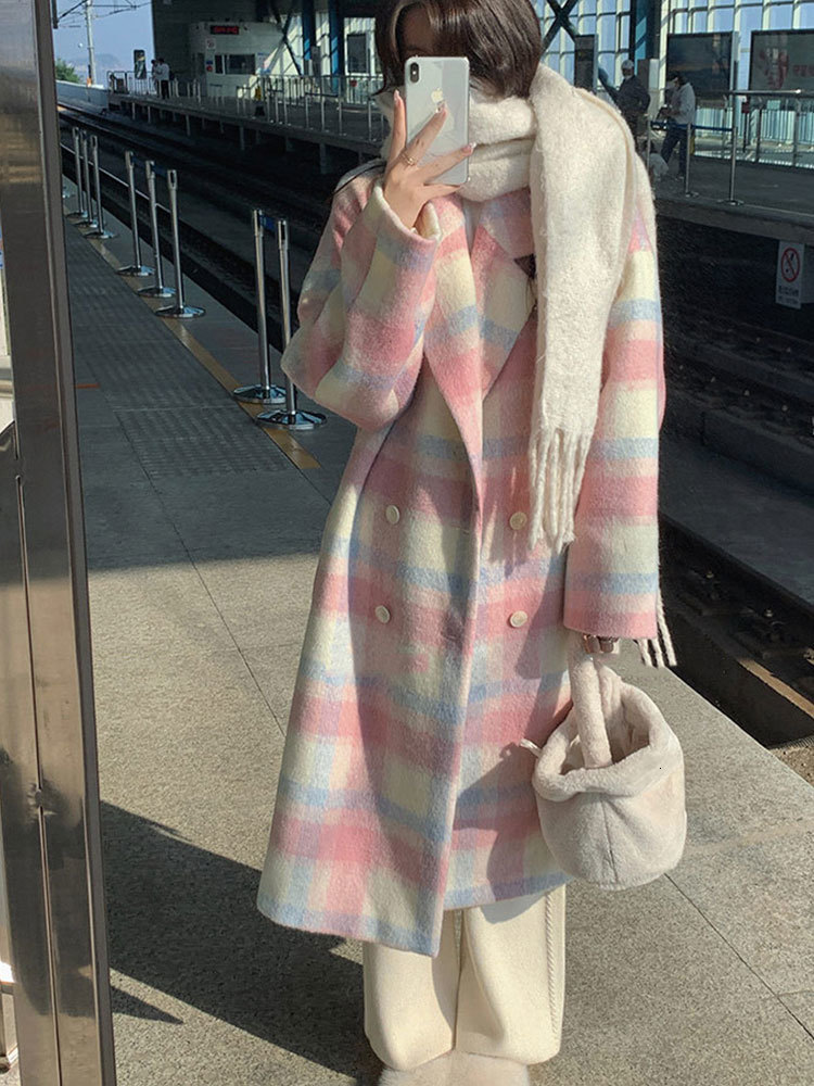 Womens Jackets Women Rainbow Plaid Woollen Overcoat Winter Casual Long Coats Office Lady Y2k Jacket Clothing Korean Fashion Trench 230818