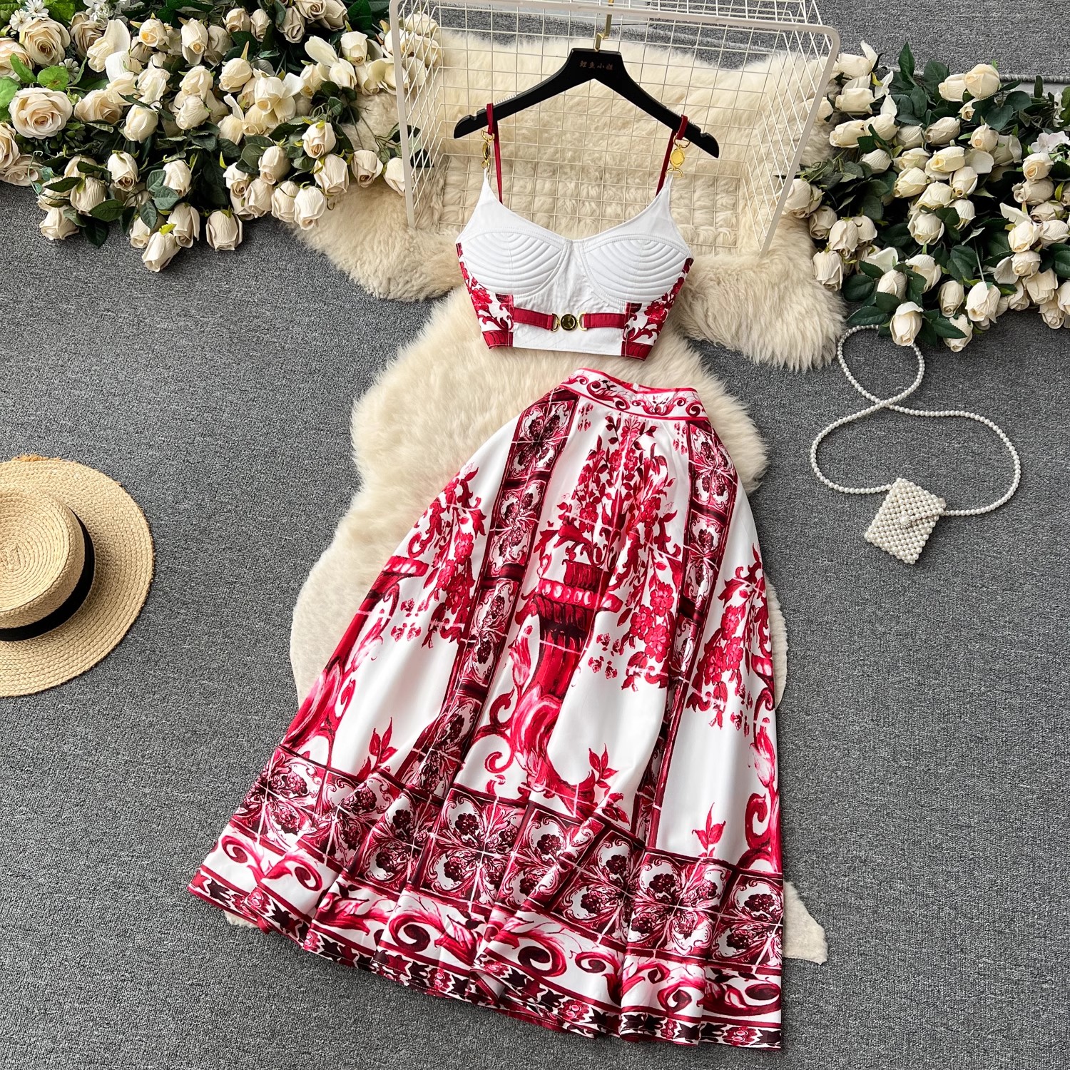New Summer Beach Boho Holiday Vacation Women Two Piece Dress Sets Sexy Strapless Fashion Dots Print Short Chiffon Shirt And High Waist Mermaid Long Sk
