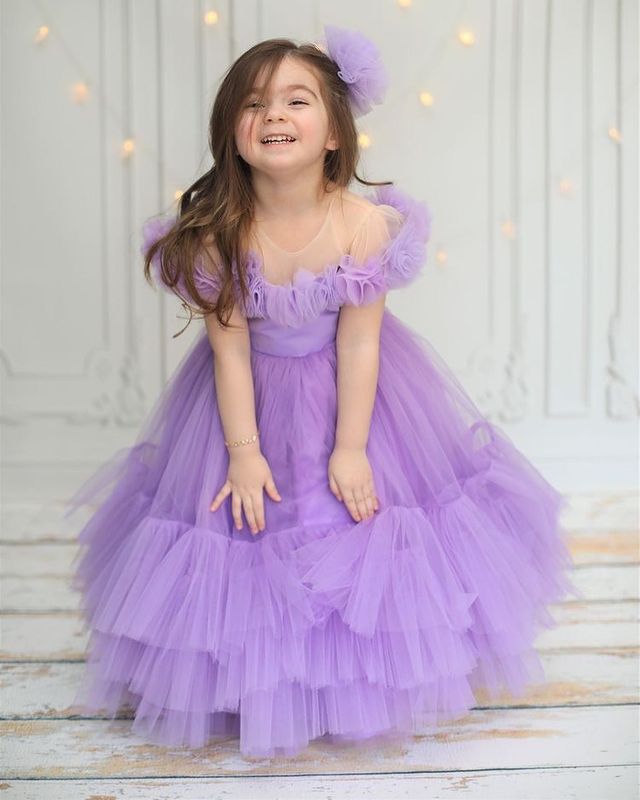 2023 Lavender Sheer Neck Flower Girl Dresses A-line Tulle Tiers Satin Vintage Lit tle Girl Peageant Dress Gowns ZJ407