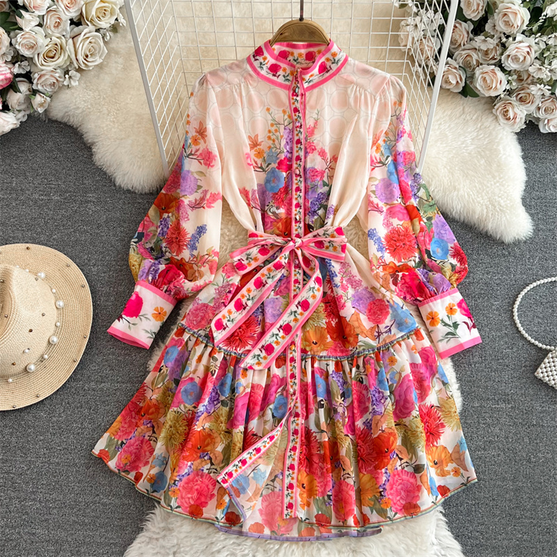 Basic Casual Dresses High Quality Flower Print Dress With Sashes Summer Women Vestidos Stand-up Collar Single-breasted Lantern Sleeve A-line Dresses 2024