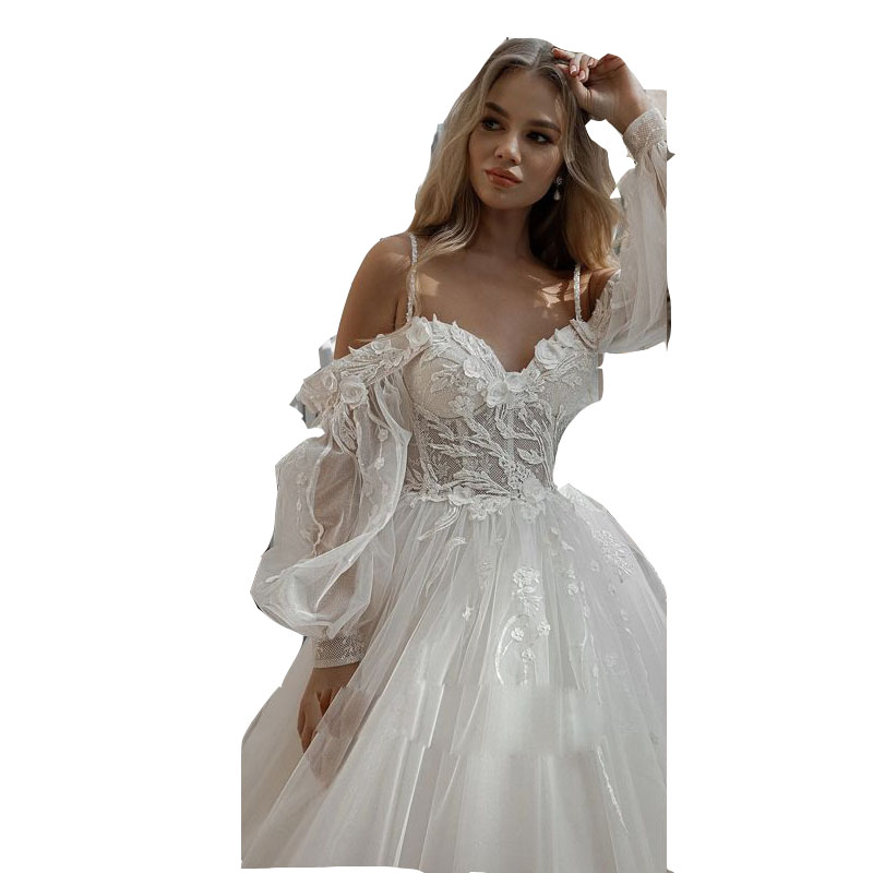 2023 Vintage Bobemian A Line Wedding Dresses Off Shoulder Appliques Lace Flowers Tulle Long Sleeves Sexy Sheer Top Bridal Gowns Corset Back