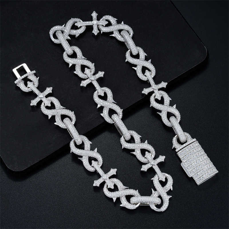 Hiphop16mm Silver Inlaid Mosan Full Diamond Cuban Chain Men's Dense Diamond 8-line Hip Hop Necklace Bracelet