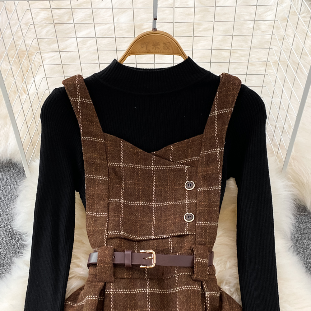Two Piece Dress Summer High Quality Fall Winter Women Sweater Overalls Dress Sets Casual Knitted Tops +Plaid Woolen Dress 2 Piece Sets Outfits Female 