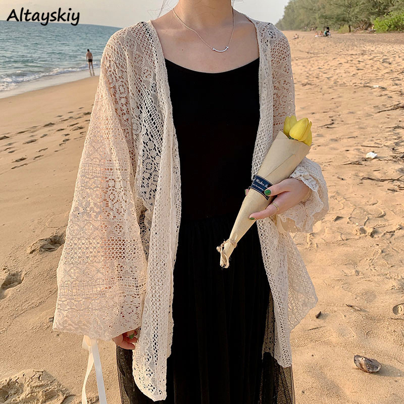 Women's Knits Tees Cardigan Women Hollow Out Thin Summer Sweet Preppy Style Ulzzang Solid All-match Korean Style Femme Simple Chic Daily Mujer To