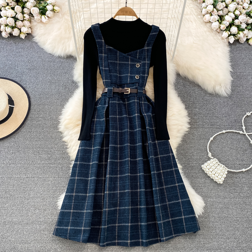 Two Piece Dress Summer High Quality Fall Winter Women Sweater Overalls Dress Sets Casual Knitted Tops +Plaid Woolen Dress 2 Piece Sets Outfits Female 