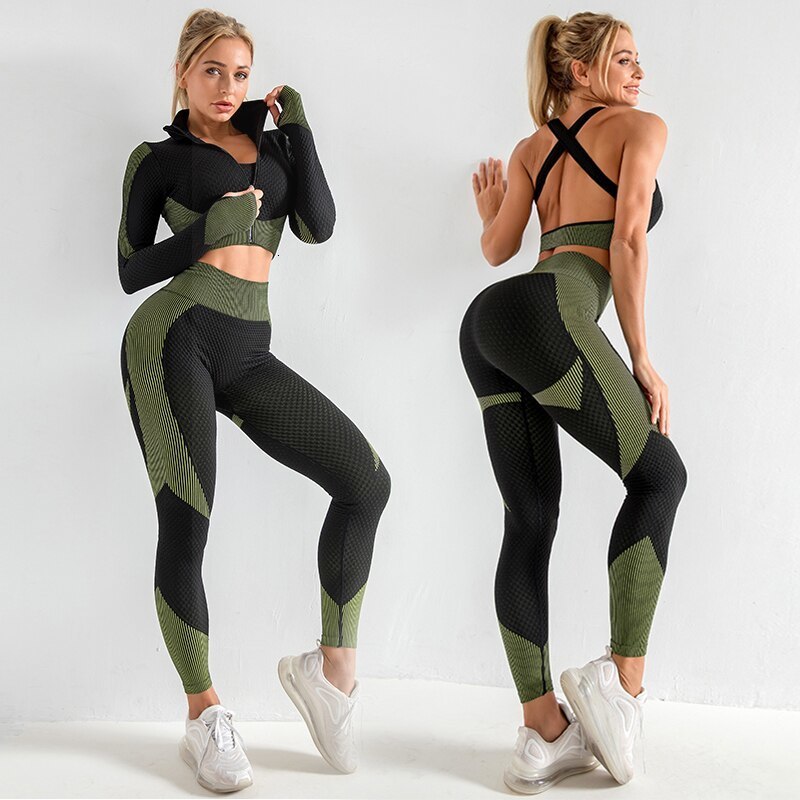 CZGUKE Women 3pcs Seamless Workout Outfits Sets Yoga Sportswear Tracksuit Leggings and Stretch Sports Bra Fiess 230820
