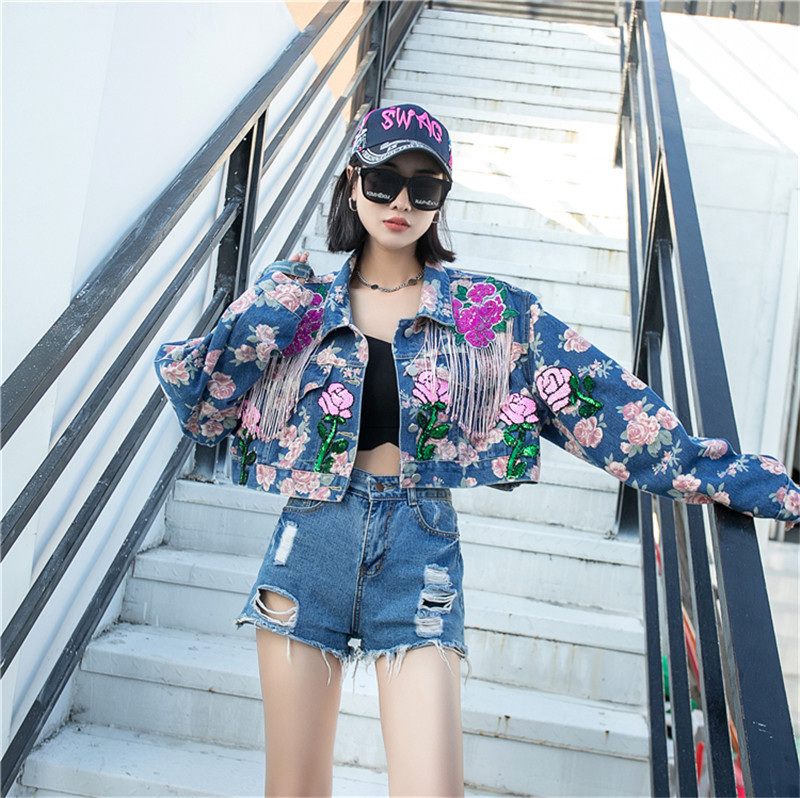 Women's Outerwear Autumn Harajuku Sequined Flower Print Chain Tassel Women Short Denim Outwear Frayed Hole Lapel Long Sleeve Casual Jeans Jacket 