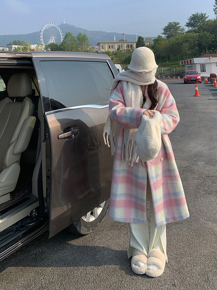 Womens Jackets Women Rainbow Plaid Woollen Overcoat Winter Casual Long Coats Office Lady Y2k Jacket Clothing Korean Fashion Trench 230818