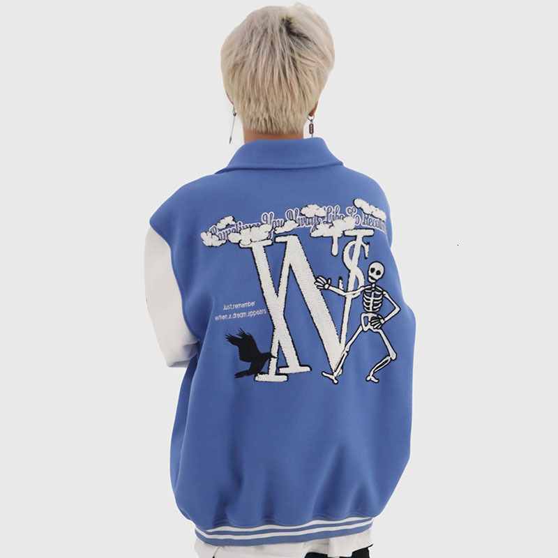 Mens Jackets Skeleton Flocking Baseball Jacket Men Women Blue Hip Hop Streetwear Patchwork Varsity Loose Bomber College Coats Unisex 230818