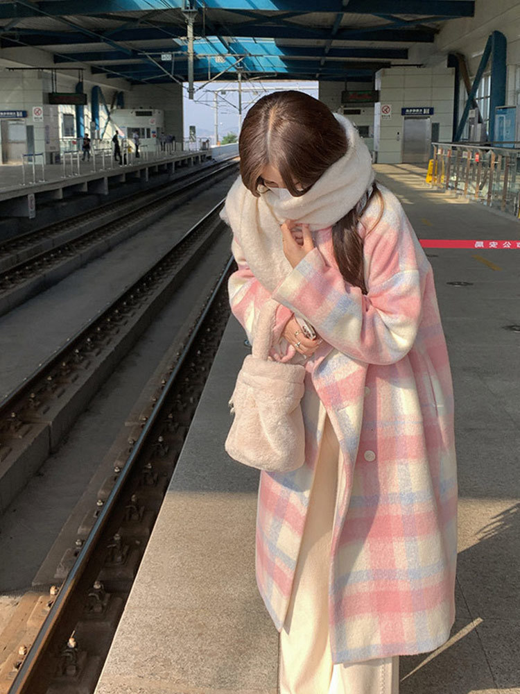 Womens Jackets Women Rainbow Plaid Woollen Overcoat Winter Casual Long Coats Office Lady Y2k Jacket Clothing Korean Fashion Trench 230818