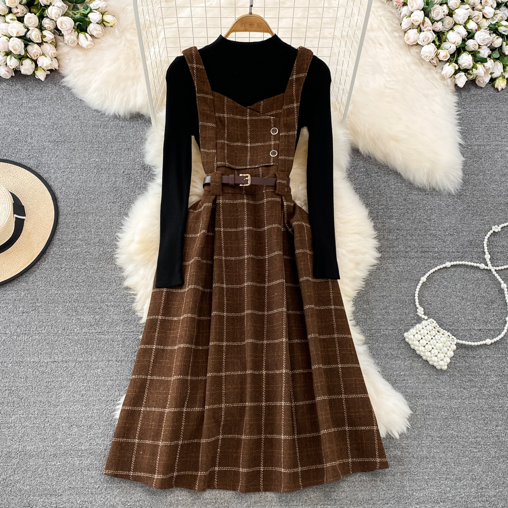 Two Piece Dress Summer High Quality Fall Winter Women Sweater Overalls Dress Sets Casual Knitted Tops +Plaid Woolen Dress 2 Piece Sets Outfits Female 