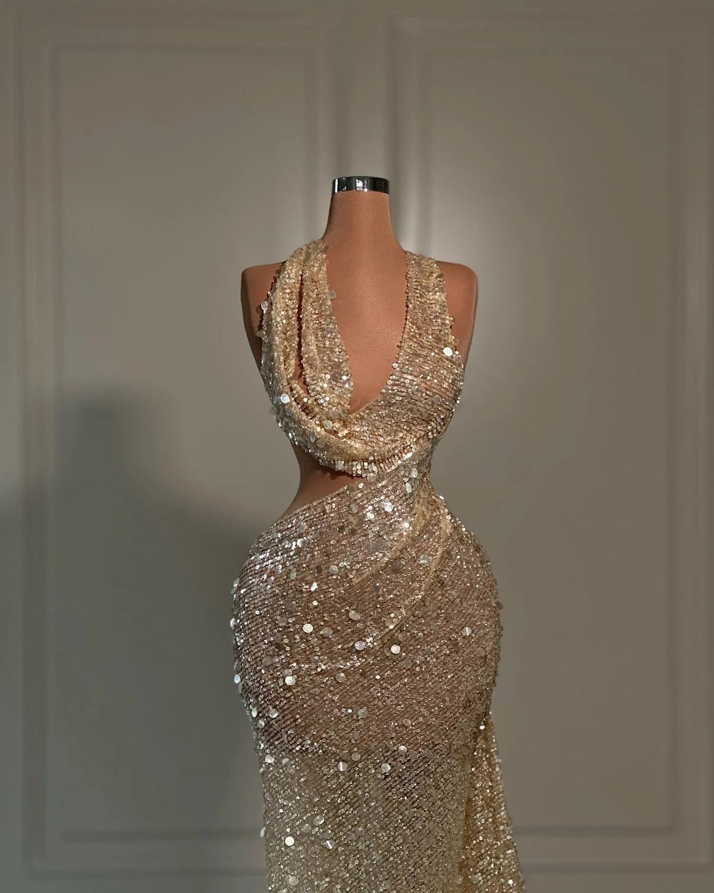 Sequins Sexy Gold Mermaid Prom Party Dresses Cutway Waist Formal Evening Pageant Gowns Robe De Soiree