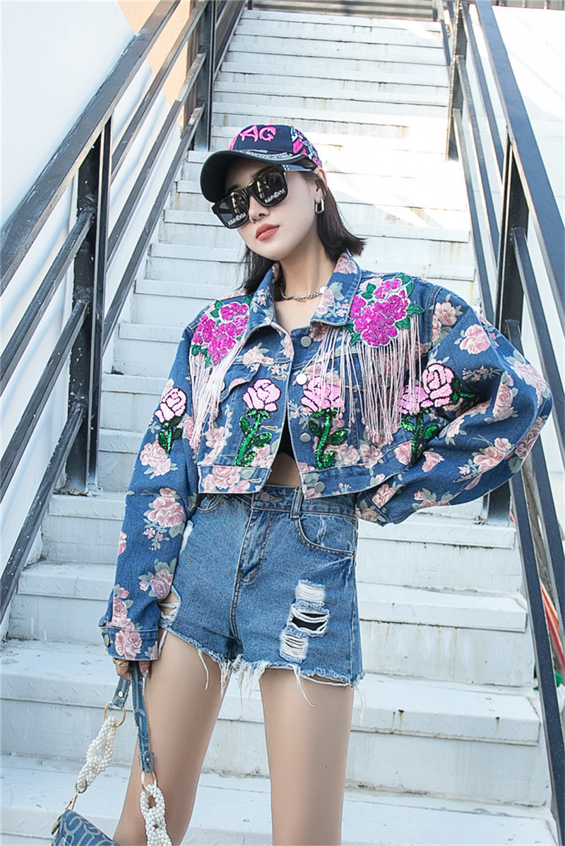 Women's Outerwear Autumn Harajuku Sequined Flower Print Chain Tassel Women Short Denim Outwear Frayed Hole Lapel Long Sleeve Casual Jeans Jacket 