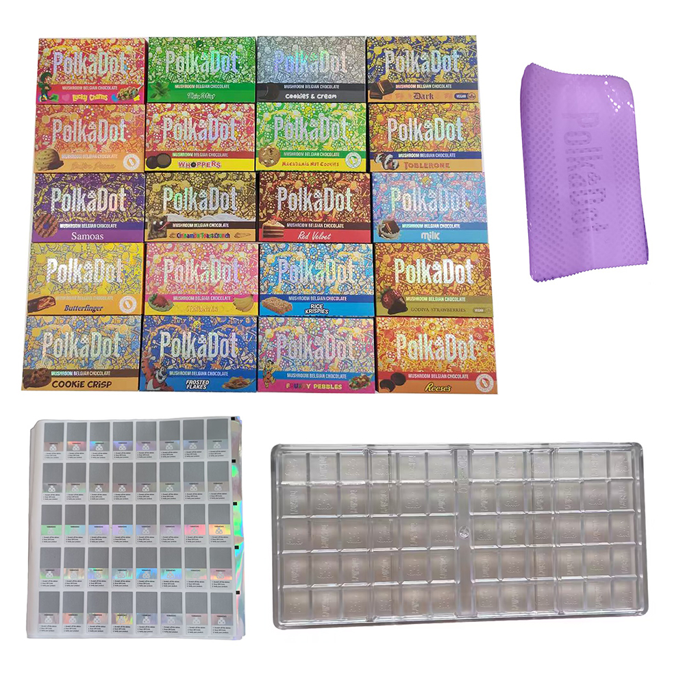 Polkadot Magic Mushroom Chocolate Package Boxes QR Code Sticker 4Grams 4G with Compatible 15Grids Chocolate Mold 10Pack Display Boxes Wrapper Bags