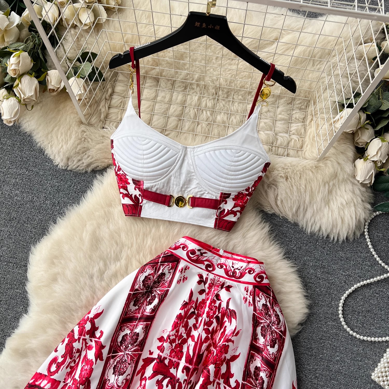 New Summer Beach Boho Holiday Vacation Women Two Piece Dress Sets Sexy Strapless Fashion Dots Print Short Chiffon Shirt And High Waist Mermaid Long Sk