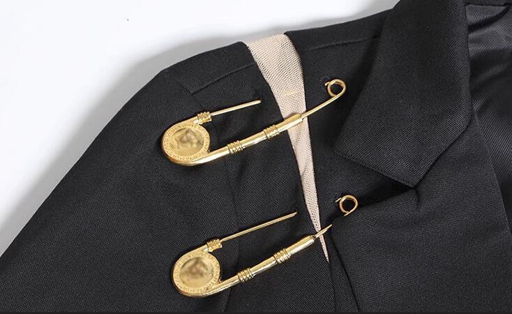 Womens Jackets Women Black Blazer With Golden Safety Pin Trims Slim Long sleeved Blazers 230818