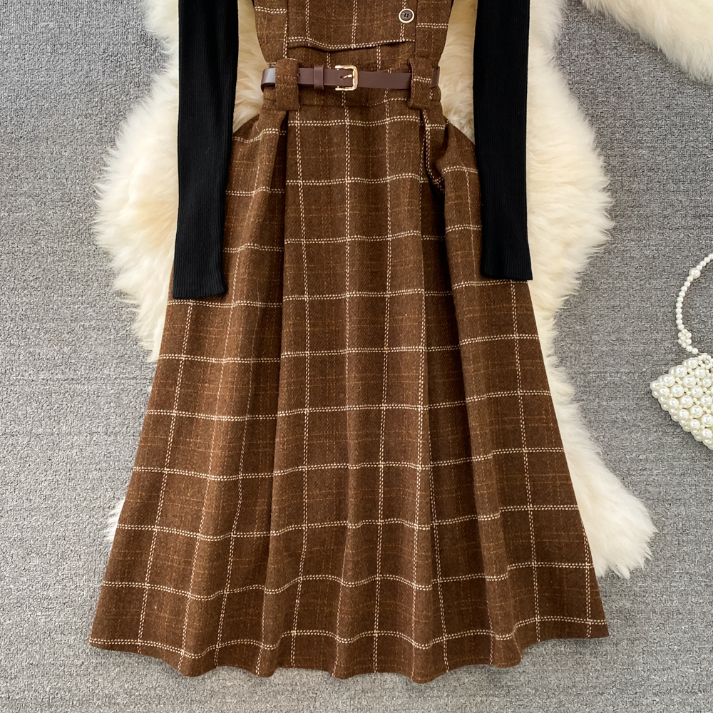 Two Piece Dress Summer High Quality Fall Winter Women Sweater Overalls Dress Sets Casual Knitted Tops +Plaid Woolen Dress 2 Piece Sets Outfits Female 