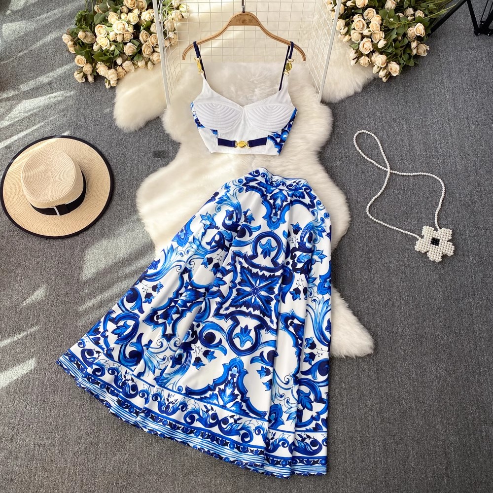 New Summer Beach Boho Holiday Vacation Women Two Piece Dress Sets Sexy Strapless Fashion Dots Print Short Chiffon Shirt And High Waist Mermaid Long Sk