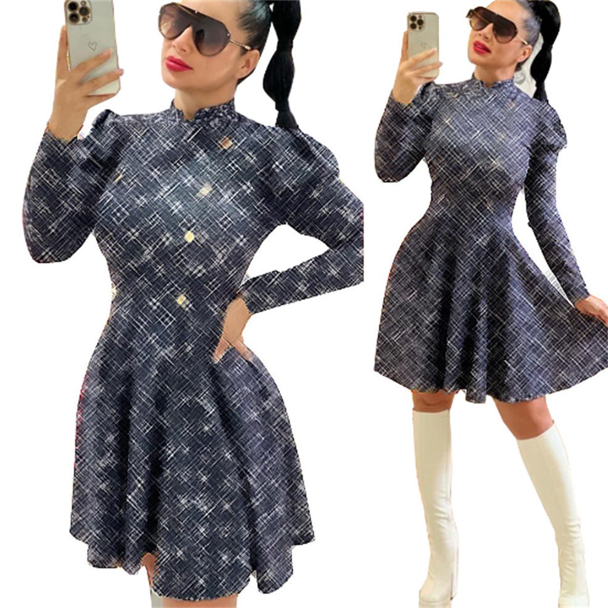 Women Sexy Dress Long Sleeve Mini Skirts Stand Collar Plaid Party Work Business Shirt Dresses Clothing Vestido De Mujer Big Size S-2XL