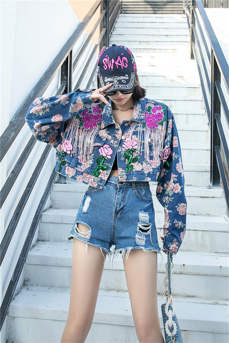 Women's Outerwear Autumn Harajuku Sequined Flower Print Chain Tassel Women Short Denim Outwear Frayed Hole Lapel Long Sleeve Casual Jeans Jacket 