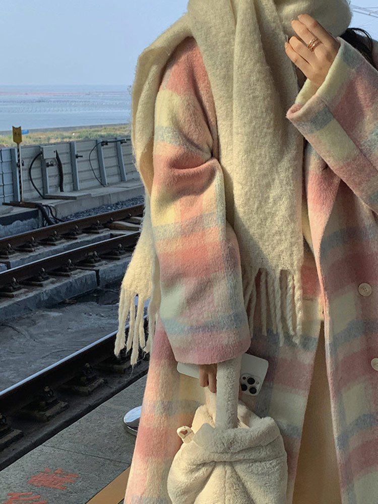 Womens Jackets Women Rainbow Plaid Woollen Overcoat Winter Casual Long Coats Office Lady Y2k Jacket Clothing Korean Fashion Trench 230818