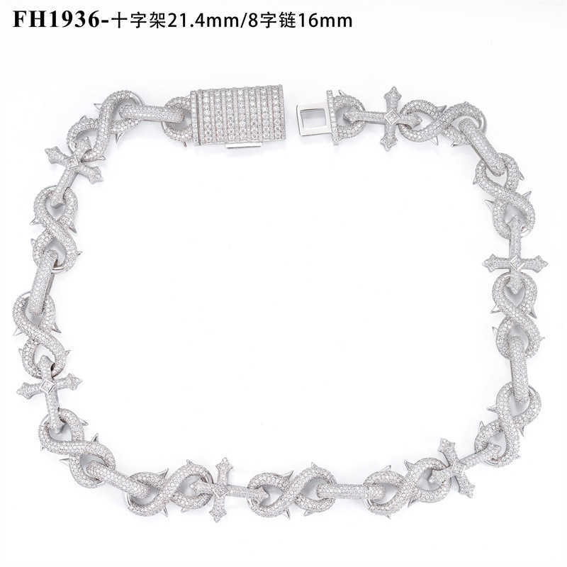 Hiphop16mm Silver Inlaid Mosan Full Diamond Cuban Chain Men's Dense Diamond 8-line Hip Hop Necklace Bracelet