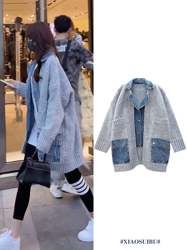 Womens Knits Tees Stitching Denim Knitted Cardigan Coat Winter Loose Bat Sleeve Single Breasted Sweater 230818