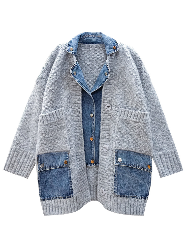Womens Knits Tees Stitching Denim Knitted Cardigan Coat Winter Loose Bat Sleeve Single Breasted Sweater 230818