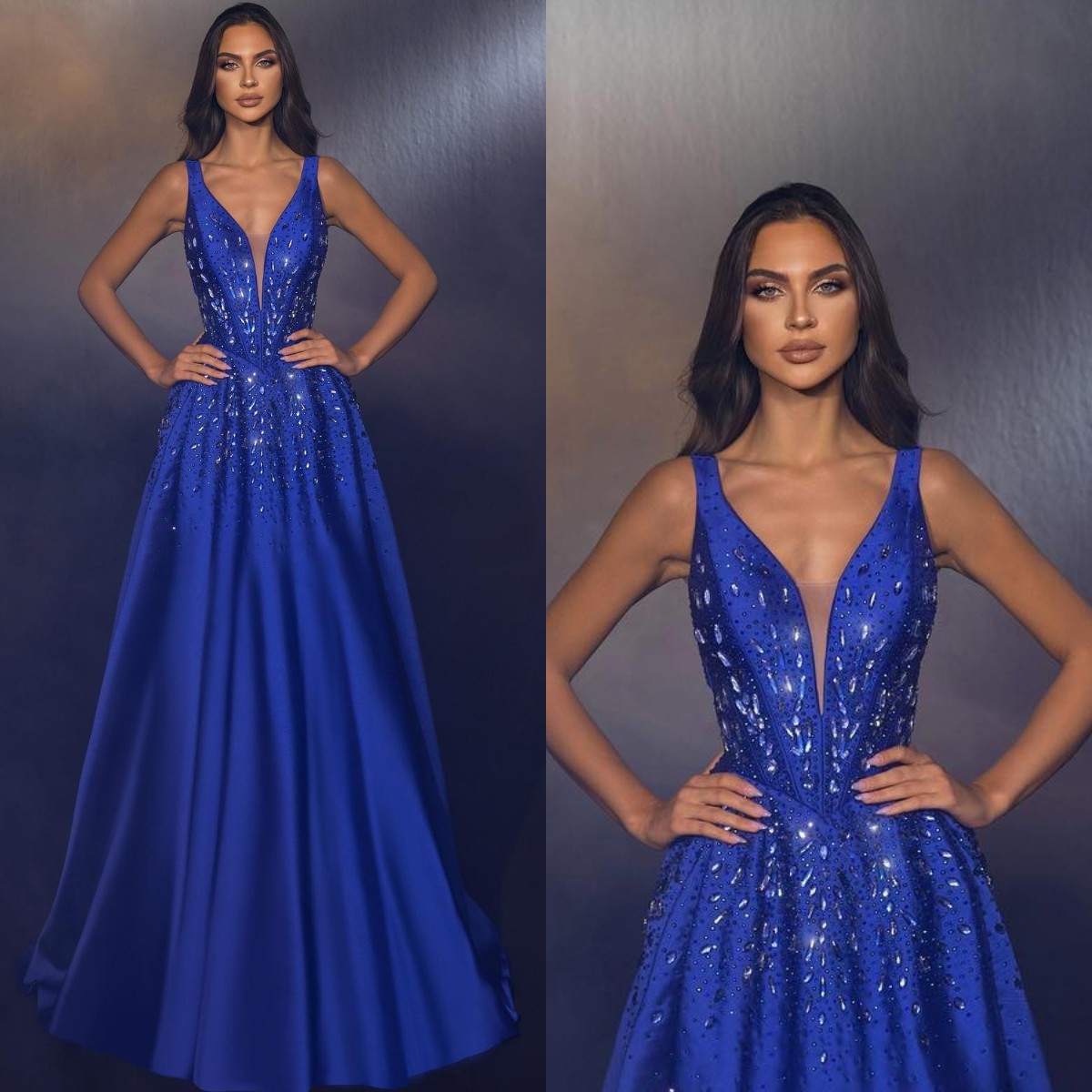 Royal Blue A Line Evening Dresses V Neck Crystal Beads Party Prom Pleats Ruffle Formal Long Red Carpet Dress For Special Ocn