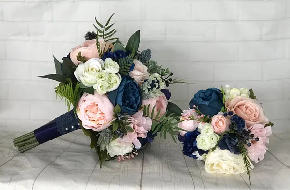 Navy Blue Bridal Bouquet Blush Rose Peony Bridesmaid Wedding Flowers Mariage Accessory Party Decoration de noviaZZ