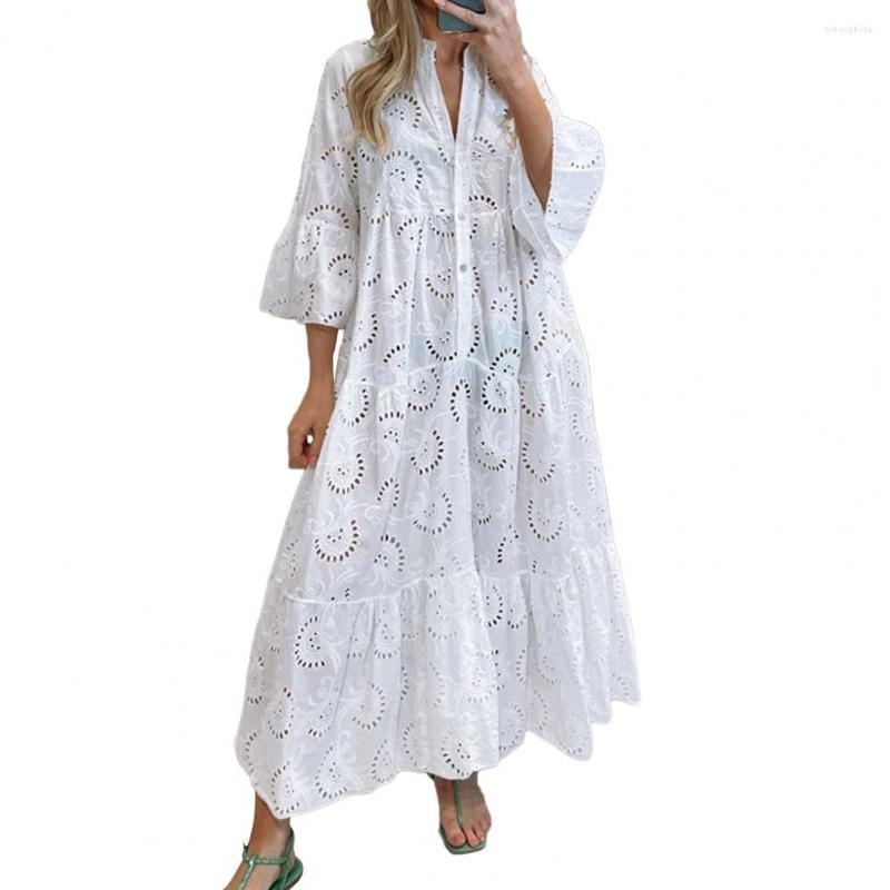 Casual Dresses Women Solid Color Embroidery Lace Maxi Dress Loose V-neck 3/4 Flared Sleeve Sexy Hollow Out Half Placket Ruffle Hem Long