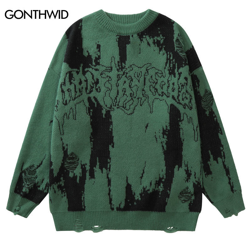 Men's Hoodies Sweatshirts Hip Hop Ripped Sweaters Grunge Y2K Vintage Knitted Punk Gothic Streetwear Jumpers Men Women Harajuku Fashion Pullover 2