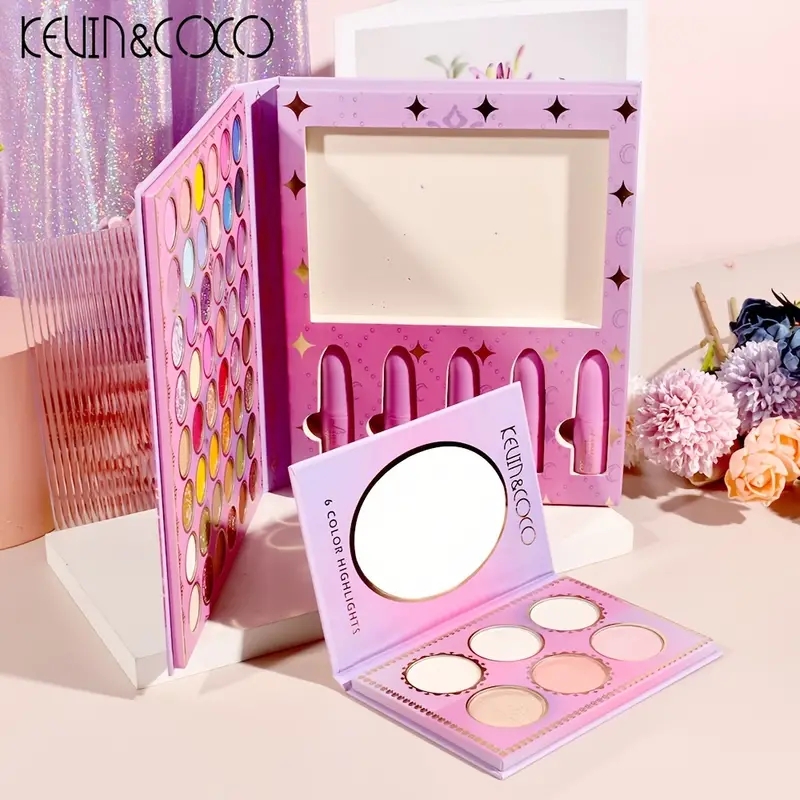KEVIN&COCO 54 Color Eyeshadow Tray Bright Beauty Makeup Highlighter Powder Brightening White Moisturizing Velvet Color Lipstick Eyeshadow Set,