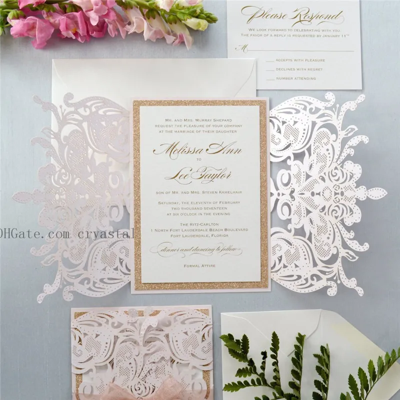 WHITE CHANTILLY LACE Laser Cut Wrap Invitation White Laser Cut Wedding Invitation with Blush Shimmer Insert and Burgundy ZZ