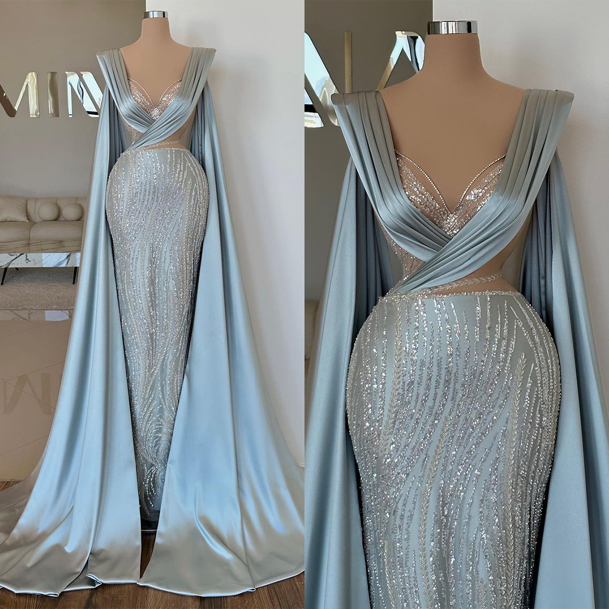 Fashion Sky Blue Mermaid Formal Evening Prom Dresses V Neck Sparkly Sequined Floor Length Lace Illusion Luxury Ladies Gown