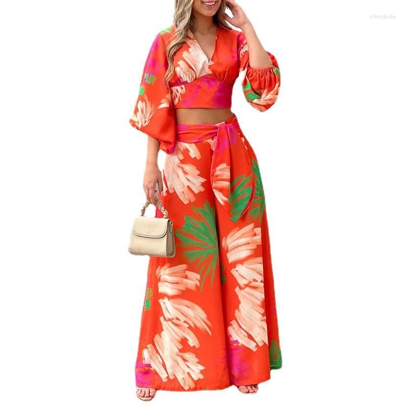 Women's Two Piece Pants Sets Women 2023 Autumn V Neck Print Shirt Wide Leg High Waist Elegant Casual Suit Set Office Lady 2 Pieces