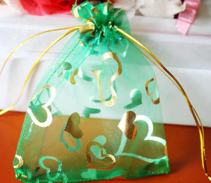 100pcs Gold Heart Organza Packing Bags Jewellery Pouches Wedding Favors Christmas Party Gift BagZZ