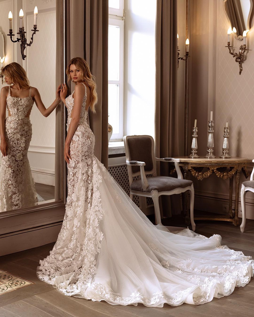 Mermaid Wedding Dress Sexy 3D-Flowers New Backless Square Collar Bridal Gowns Sweep Train Robe Vestido De Noiva Custom Size D-H23289