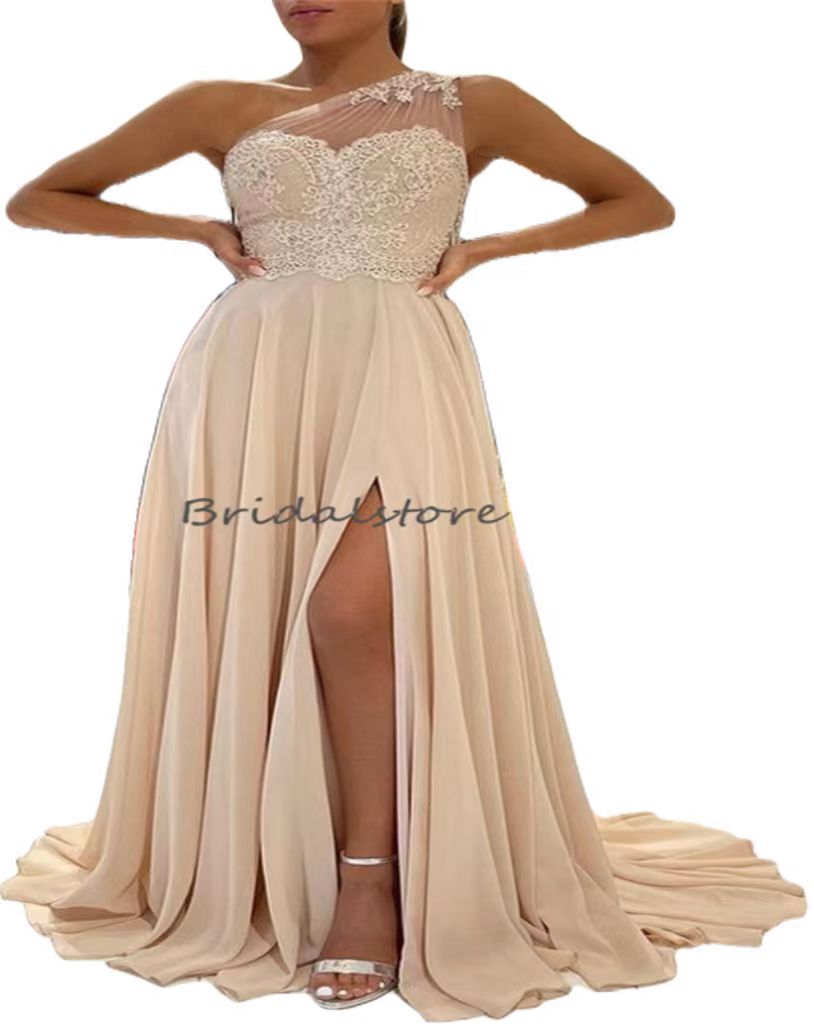 Chic One Shoulder Champagne Evening Dress 2023 High Slit Chiffon Boho Prom Dress Top Lace Formal Wear Vestidos De Fiesta mujeres Holiday Birthday Robe