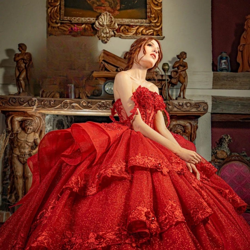 Red Shiny Off The Shoulder Beaded Lace Appliques Quinceanera Dresses For Girl Ball Gown Dress For Sweet 15 16 Sweetheart vestidos