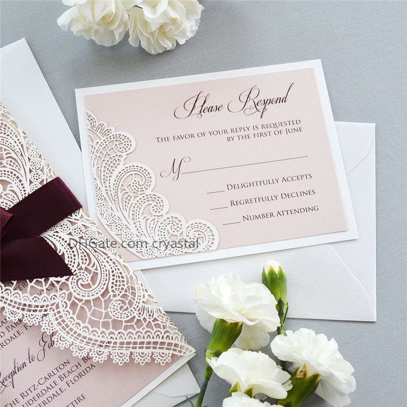 WHITE CHANTILLY LACE Laser Cut Wrap Invitation White Laser Cut Wedding Invitation with Blush Shimmer Insert and Burgundy Ribbon fast shipZZ
